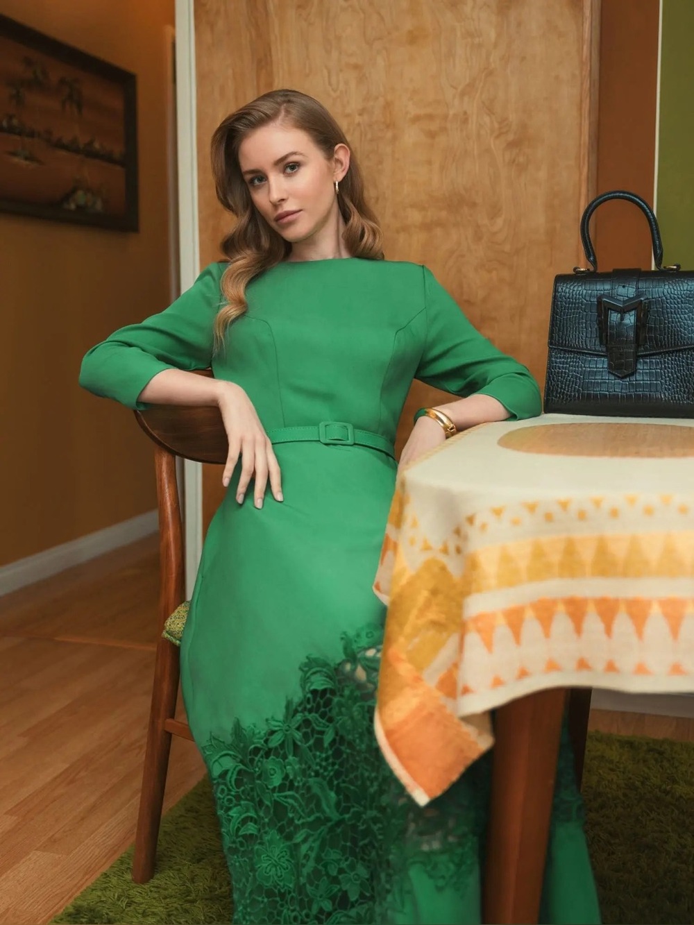 MAC DUGGAL
Green Crepe Boat Neck Midi Dress With Applique Cut Out